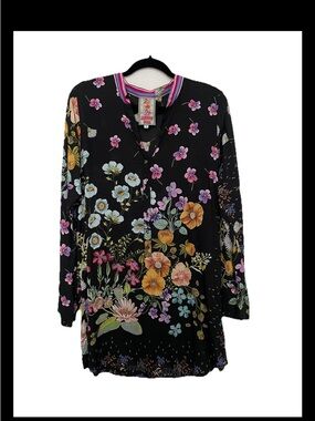 Women’s Johnny Was Black Floral Long Sleeve Tunic with Multicolor Blooms
